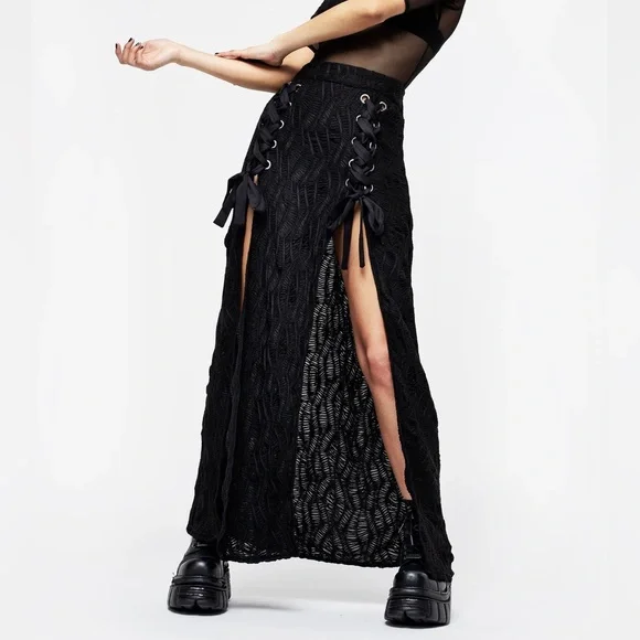 Disturbia NWT Agitate Textured Jersey Split Maxi Skirt Black - Picture 1 of 6